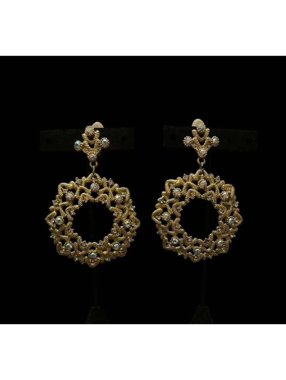 Gold-Tone Filigree Rhinestone Drop Clip On Earrings